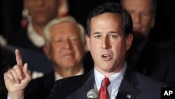 Republican presidential candidate former Pennsylvania Sen. Rick Santorum speaks during a primary night watch party Feb. 7, 2012, in St. Charles, Missouri.