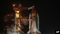 The space shuttle Discovery is prepared for launch at the Kennedy Space Center in Cape Canaveral, Florida, on Feb. 23, 2011.