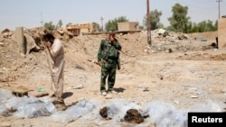 FILE - Militia fighters and civilians cover their faces as they stand near bodies recently dug up from a mass grave outside the town of Sulaiman Pek, Iraq, Sept. 5, 2014. 