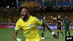 Pesepak bola Brazil, Neymar, merayakan keberhasilan menyarangkan gol dalam laga kualifikasi Piala Dunia Amerika Selatan 2026 antara Brazil dan Bolivia di Belem, Brazil, 8 September 2023. (Foto: Carl De Souza/ AFP)