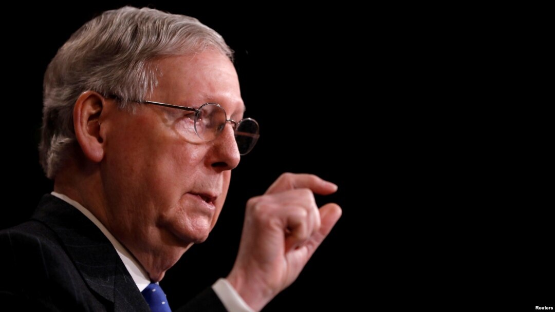FILE - U.S. Senate Majority Leader Mitch McConnell, R-Ky., speaks with reporters at the U.S. Capitol in Washington, April 7, 2017. "We will now try a different way to bring the American people relief from Obamacare," he said in announcing a plan to vote on a delayed repeal of the law.