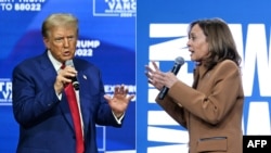 This combination of pictures created on October 26, 2024 shows former US President and Republican presidential candidate Donald Trump in Oaks, Pennsylvania, on October 14, 2024 and US Vice President and Democratic presidential candidate Kamala Har