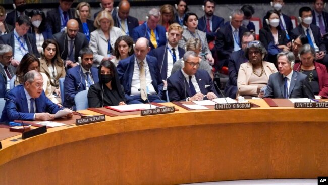 U.S. Secretary of State Antony Blinken, right, and U.K. Foreign Secretary James Cleverly, second from right, listen as Russian Foreign Minister Sergey Lavrov speaks during a high-level Security Council meeting on the situation in Ukraine, Sept. 22, 2022, at U.N. headquarters.