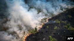 FILE: Aerial view of a burnt area in the Amazon rainforest near the Lago do Cunia Extractive Reserve in northern Brazil, on Aug. 31, 2022. 