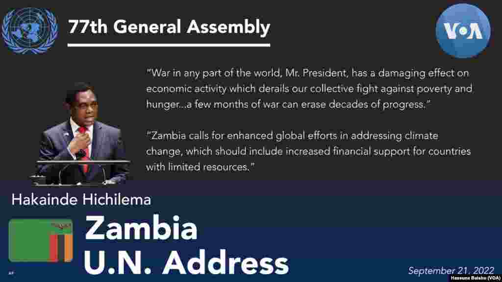 Zambia's President Hakainde Hichilema addressed the 77th session of the United Nations General Assembly in New York, Tuesday, Sept. 21, 2022.  