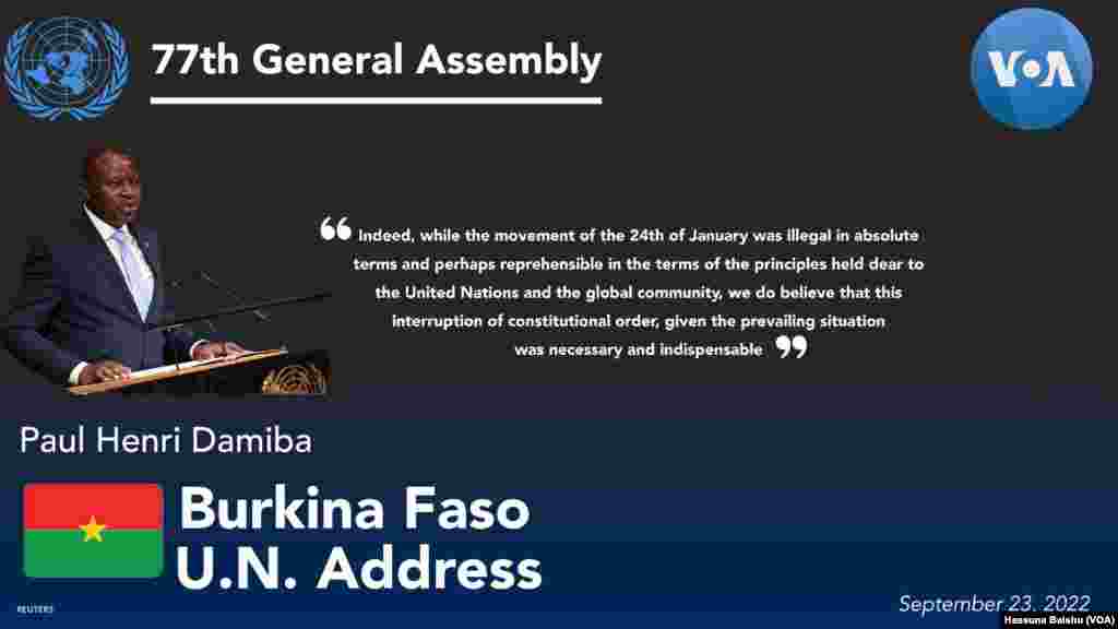 Burkina Faso's President Paul Henri Damiba addressed the 77th session of the United Nations General Assembly in New York, Tuesday, Sep. 23, 2022.