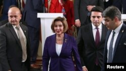 US House of Representatives speaker Nancy Pelosi and speaker of the National Assembly of Armenia Alen Simonyan leave after a joint news conference in Yerevan, Armenia, Sept. 18, 2022. (Stepan Poghosyan/Photolure via Reuters) 