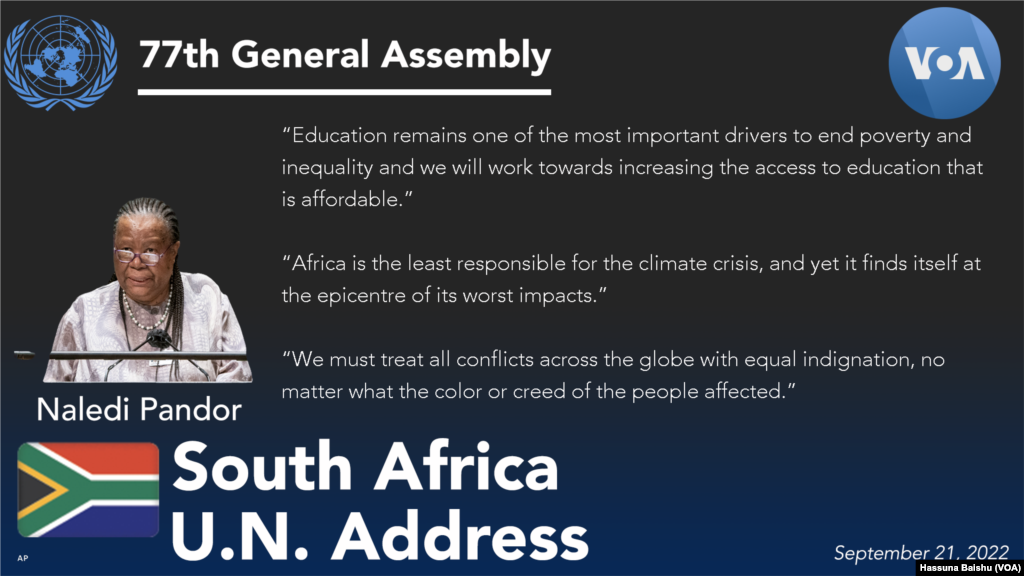 South Africa's Minister for International Relations and Cooperation Naledi Pandor addressed the 77th session of the United Nations General Assembly in New York, Tuesday, Sept. 21, 2022.  