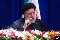 Iran President Ebrahim Raisi speaks at a press conference, during his visit for the United Nations General Assembly, in New York, Sept. 22, 2022.