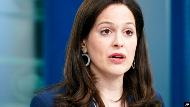 FILE - Anne Neuberger, deputy national security adviser for cyber and emerging technology, speaks during a press briefing at the White House, March 21, 2022, in Washington.