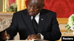 FILE - South African President Cyril Ramaphosa at Lancaster House in London. Taken Sept. 18, 2022. 