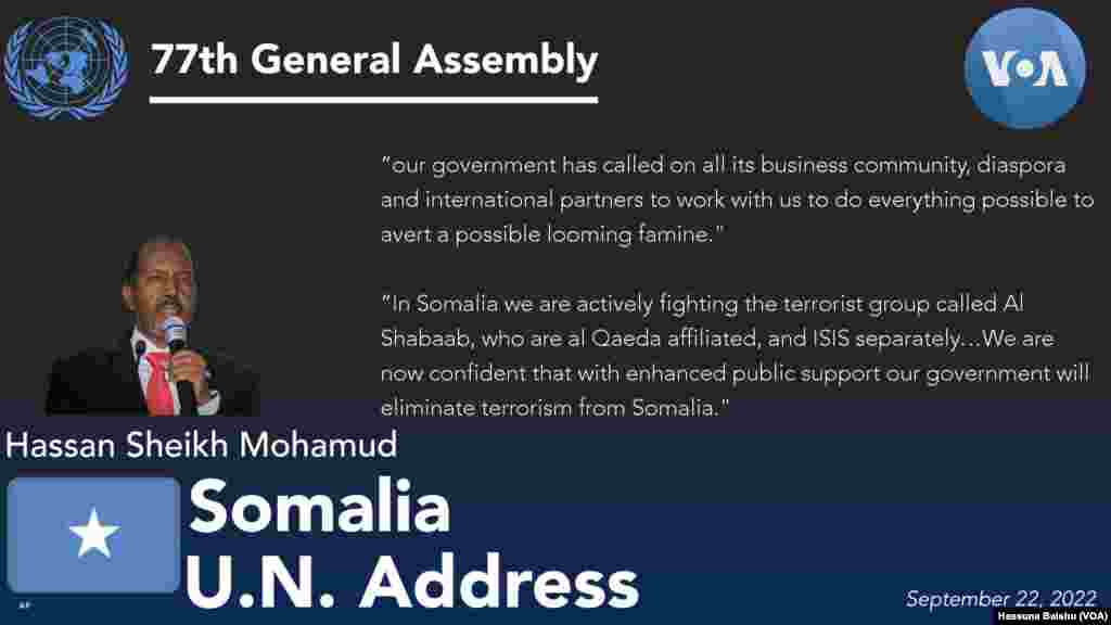 Somalia's President Hassan Sheikh Mohamud addressed the 77th session of the United Nations General Assembly in New York, Tuesday, Sept. 22, 2022.  