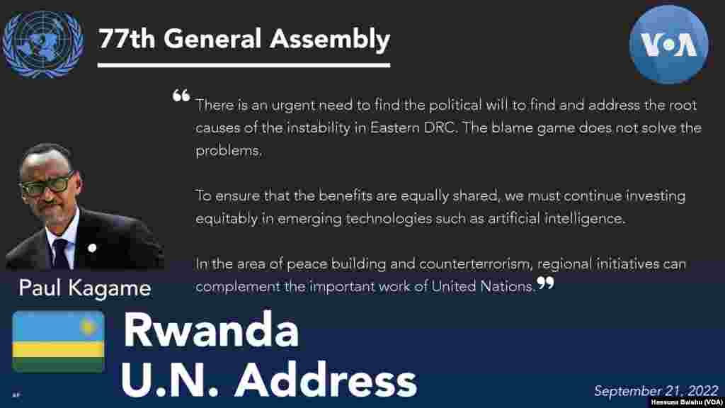 Rwanda's President Paul Kagame addressed the 77th session of the United Nations General Assembly in New York, Tuesday, Sept. 21, 2022.  