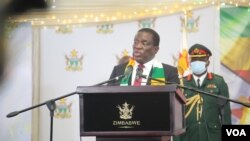 FILE - President Emmerson Mnangagwa is seen speaking in Harare, Zimbabwe, Sept. 16, 2022, (Columbus Mavhunga/VOA)