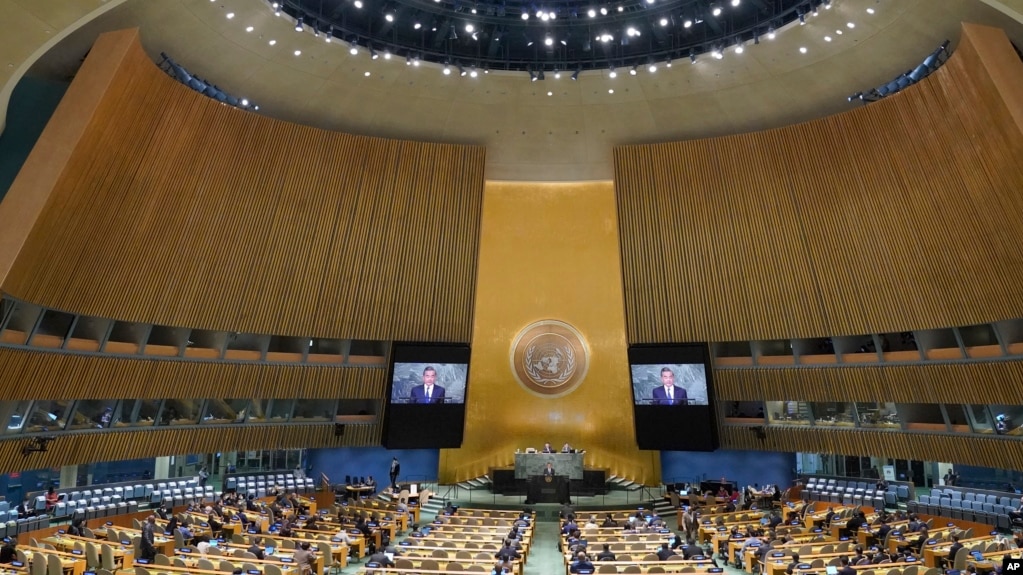 中国外长王毅2022年9月24日在纽约召开的第77届联合国大会发言。-美联社照片(photo:VOA)
