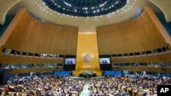 FILE - United Nations Secretary-General Antonio Guterres addresses the 77th session of the General Assembly at U.N. headquarters in New York, Sept. 20, 2022. 