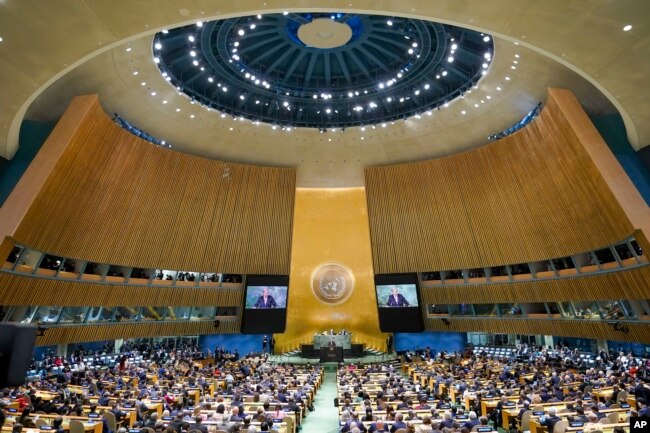 FILE - U.N. Secretary-General Antonio Guterres addresses the 77th session of the General Assembly at U.N. headquarters in New York, Sept. 20, 2022.