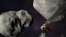 This illustration made available by Johns Hopkins APL and NASA depicts NASA's DART probe, foreground right, and Italian Space Agency's LICIACube, bottom right, at the Didymos system before impact with the asteroid Dimorphos, left.
