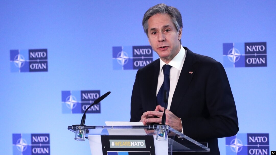 U.S. Secretary of State Antony Blinken delivers remarks prior to a NATO foreign ministers meeting at the alliance's headquarters in Brussels, Belgium, March 23, 2021.