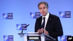 U.S. Secretary of State Antony Blinken delivers remarks prior to a NATO foreign ministers meeting at the alliance's headquarters in Brussels, Belgium, March 23, 2021.