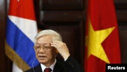 Vietnam's Communist Party Secretary General Nguyen Phu Trong addresses the audience at the University of Havana, in Havana, Cuba, March 29, 2018.