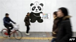 Một bức tường sơn gấu trúc với dòng chữ "gấu trúc đang đến Ueno" tại Tokyo, Thứ Sáu 18/2/2011