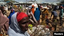 FILE - Somali refugees organize their collected ration of food during a distribution exercise outside a United Nations World Food Program center at a refugee settlement in Dadaab, Kenya, October 2013.