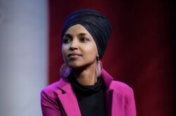 FILE - In this Jan. 31, 2020, file photo, Rep. Ilhan Omar, D-Minn., participates in a panel during a campaign event for Democratic presidential candidate Sen. Bernie Sanders in Clive, Iowa. Omar on Monday, June 15, announced the death of her father…