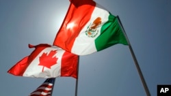 FILE - National flags representing the United States, Canada and Mexico fly in the breeze in New Orleans, ahead of a trade meeting, April 21, 2008.