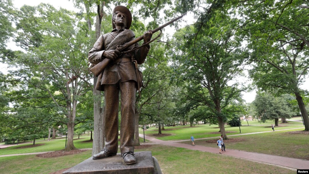 A statue of a Confederate soldier nicknamed Silent Sam stands on the campus of the University of North Carolina in Chapel Hill, N.C., Aug. 17, 2017.