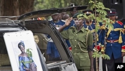 A member of the Kenya Forest Service salutes the late Wangari Maathai next to the hearse carrying her coffin, at her state funeral held at Freedom Corner in Uhuru Park, Nairobi, Kenya, October 8, 2011.