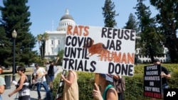 Protesters opposing vaccine mandates march past the Capitol in Sacramento, Calif., Sept. 8, 2021.