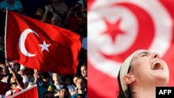 À gauche, le drapeau turc dans un stade d'Istanbul, à droite, le drapeau tunisien devant la joueuse de tennis Ons Jabeur.