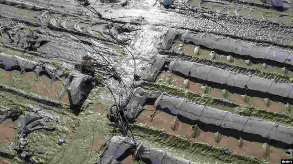 A drone view shows flooded fields following heavy rainfalls in the Sicilian town of Licata, Italy.