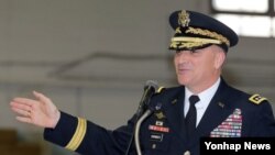 커티스 스카파로티 미한연합사령관이 지난 12일 오전 서울 용산 미한연합사령부 콜리어센터에서 열린 이탈리아 유엔군사령부 회원국 재가입 의장행사에서 인사말을 하고 있다. 