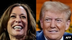 ARCHIVO - Esta combinación de imágenes creada el 16 de octubre de 2024 muestra a la vicepresidenta estadounidense y candidata presidencial demócrata Kamala Harris en Pensilvania, y al expresidente estadounidense y candidato presidencial republicano Donald Trump en Georgia.