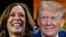 La vicepresidenta de EEUU y candidata presidencial demócrata Kamala Harris en Erie, Pensilvania, el 14 de octubre de 2024 y al expresidente estadounidense y candidato presidencial republicano Donald Trump en Cumming, Georgia, el 15 de octubre de 2024.