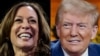 This combination of pictures created on October 16, 2024 shows U.S. Vice President and Democratic presidential candidate Kamala Harris on October 14, 2024 and former U.S. President and Republican presidential candidate Donald Trump on on October 15, 2024.