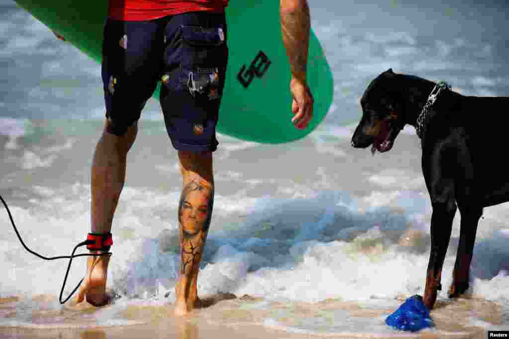 A surfer stands next to a dog along the shore of the Mediterranean Sea as Israel enters its fourth day under a second nationwide lockdown amid a resurgence in the COVID-19 cases, in Ashkelon.