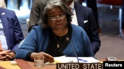 (FILE) U.S. Ambassador to the United Nations Linda Thomas-Greenfield, speaks during a United Nations Security Council meeting on the situation in Gaza, at U.N. headquarters in New York City, U.S., October 16, 2024.