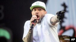 FILE - Singer Fred Durst of the US metal band Limp Bizkit performs during their concert at the 23rd Sziget (Island) Festival on Shipyard Island, Northern Budapest, Hungary, Aug. 16, 2015.