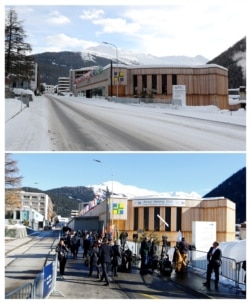 Una imagen combinada muestra la sede del Foro Económico Mundial (WEF), en una desierta calle Promenade en Davos, Suiza, el 22 de enero de 2021 (arriba), y un pequeño grupo de gente caminando frente a la sede, en la localidad alpina de Davos, Suiza, el 22 de enero de 2020.