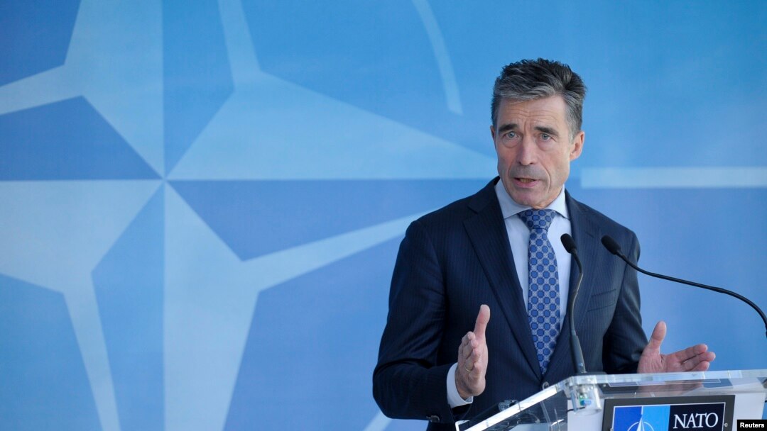 Sekjen NATO Anders Fogh Rasmussen di Brussels (16/4).