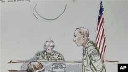 In this courtroom sketch, U.S. Army Cpl. Jeremy Morlock of Wasilla, Alaska, center, is shown as Col. Thomas Molloy, right, the investigating officer, and Morlock's attorney, Michael Waddington, left, look on, at Joint Base Lewis-McChord, Washington, Septe