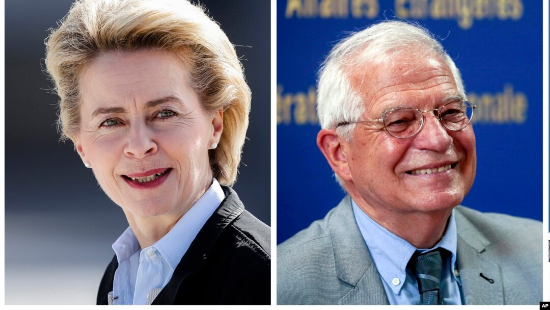 Menhan Jerman Ursula von der Leyen (kiri) ditunjuk menjadi ketua Komisi Eropa dan Menlu Spanyol, Josep Borrell terpilih sebagai Kepala urusan Luar Negeri Uni Eropa.