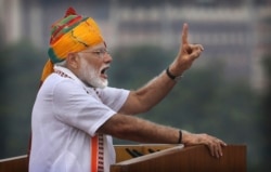 Indian Prime Minister Narendra Modi addresses to the nation on the country's Independence Day from the ramparts of the historical Red Fort in New Delhi, Aug. 15, 2019.