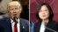 FILE - This combination of two photos shows U.S. President-elect Donald Trump speaking during a "USA Thank You" tour event in Cincinatti, Dec. 1, 2016, and Taiwan's President Tsai Ing-wen, delivering a speech during National Day celebrations in Taipei, Taiwan, Oct. 10, 2016. Trump spoke Dec. 2, with Tsai, a move that will be sure to anger China.