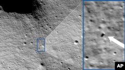 These photos provided by NASA show images from NASA's Lunar Reconnaissance Orbiter camera team that confirmed Odysseus completed its landing.  (NASA/Goddard/Arizona State University via AP)