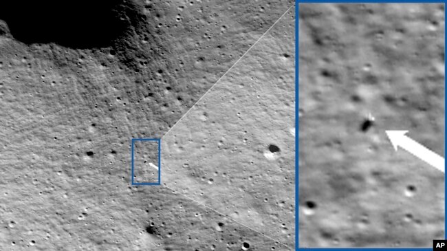 These photos provided by NASA show images from NASA’s Lunar Reconnaissance Orbiter Camera team, which confirmed Odysseus completed its landing. (NASA/Goddard/Arizona State University via AP)