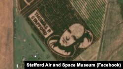 The corn maze featuring an image of astronaut Thomas P. Stafford was cut into a 10-acre field at P Bar Farms in Hydro, Oklahoma. 